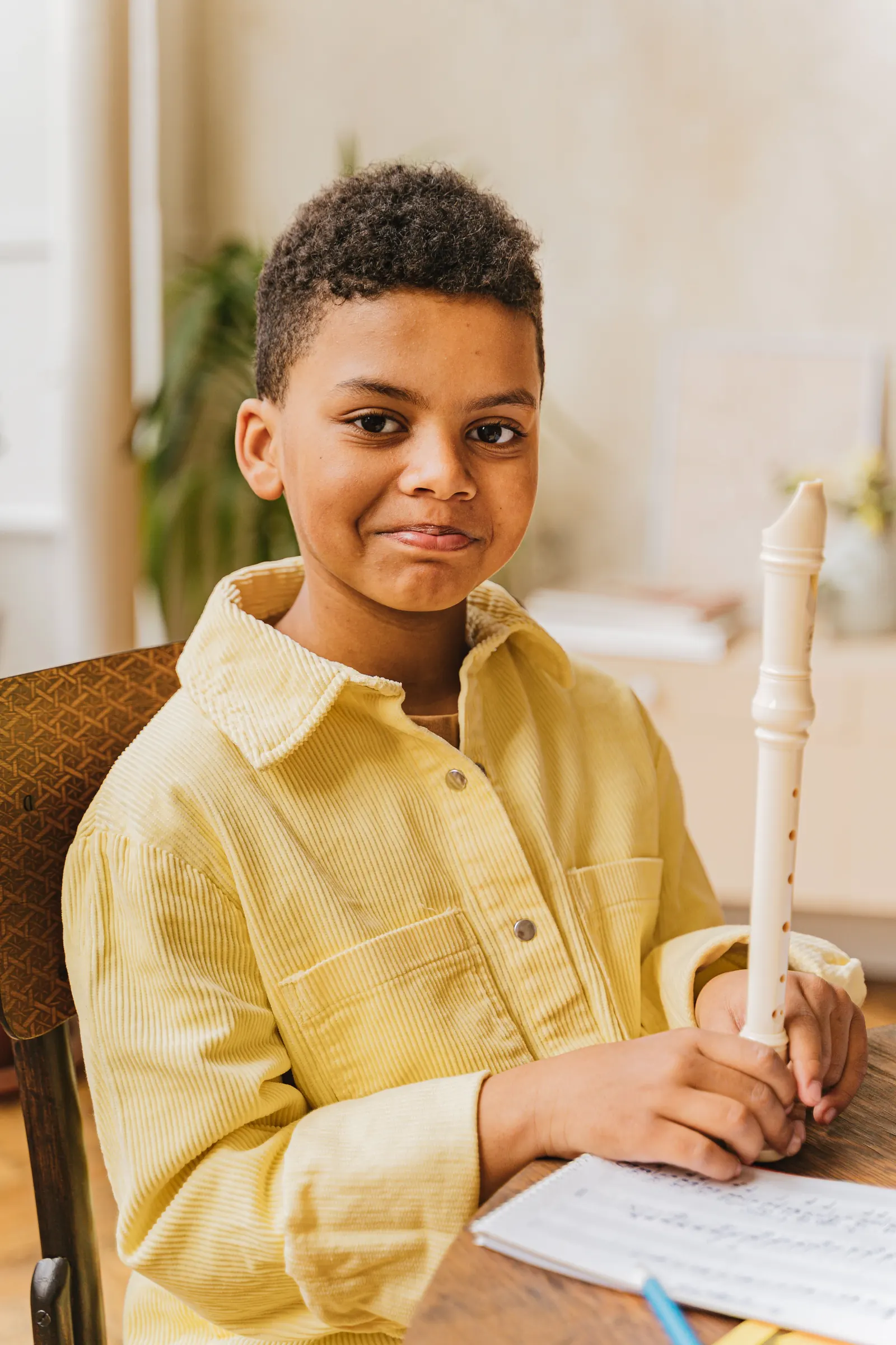 A smiling boy in a yellow corduroy shirt holds a white recorder at a wooden desk with sheet music