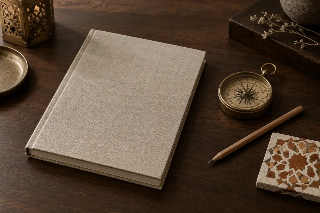 A folio, compass, pencil and geometric tile arranged on a wooden table
