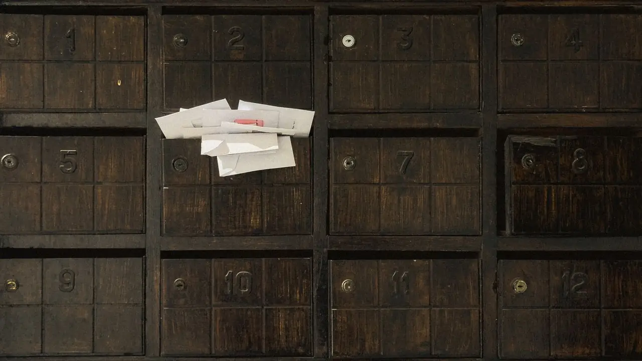 A wall of twelve oak pigeonholes numbered one to twelve, with small brass escutcheons and a bundle of envelopes in one of the slots.