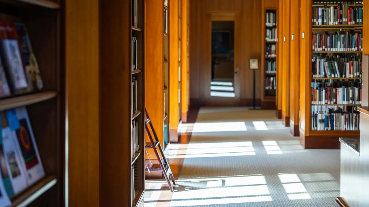 An empty honey-oak library corridor, window light falling in bright rectangles across the carpet between full shelves.