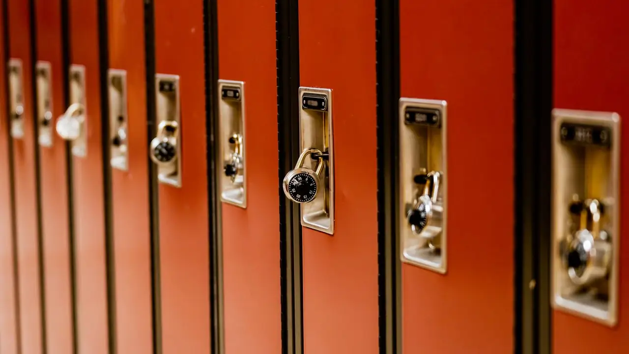 A run of rust-orange school lockers with brushed-steel latch plates and one combination padlock in sharp focus.