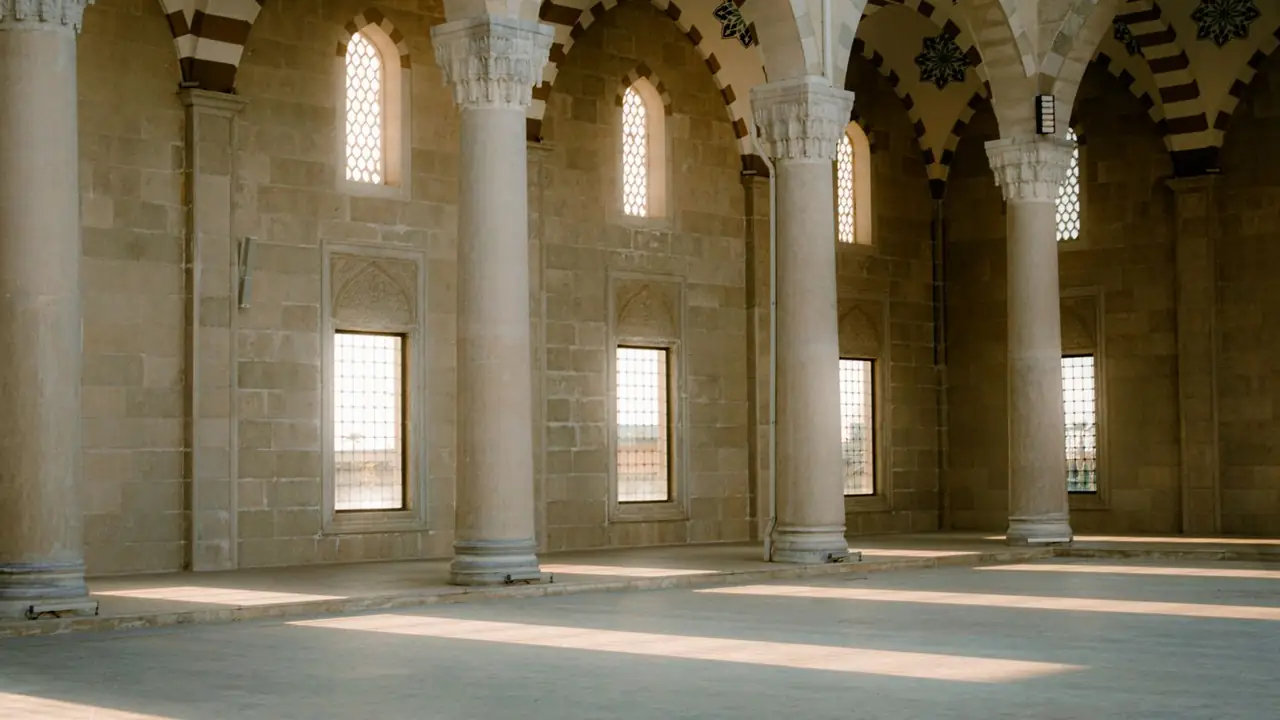 An empty sunlit mosque arcade in pale limestone, with banded arches, carved capitals and sunbeams lying flat across a bare floor.