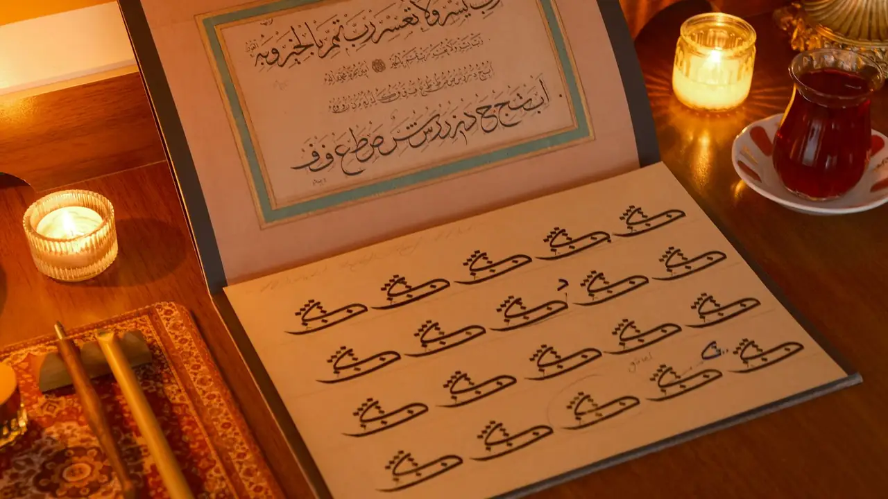 A calligrapher's desk: a practice exemplar in an open folder above a page of repeated letterform drills, with reed pens, a candle and a tea glass.