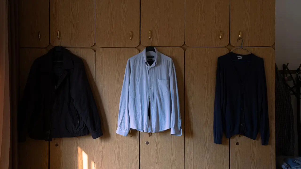 An oak-paneled coat-room wall with brass hooks holding a navy zip jacket, a pale blue button-down shirt and a navy cardigan.