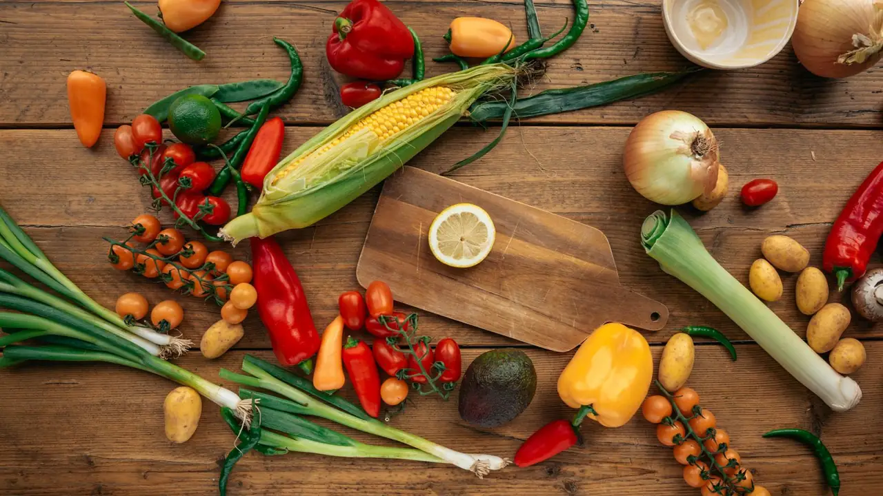 An overhead flat lay on rustic oak: corn in the husk, peppers, cherry tomatoes on the vine, green onions, potatoes and a wooden board.